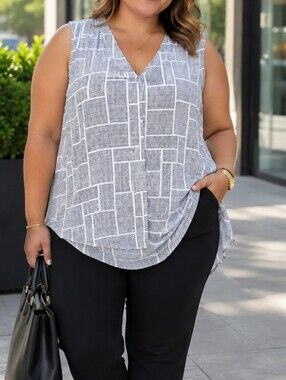 ALFRED SUNG Plus Size White Black Geometric Layered Sleeveless Blouse Top Casual